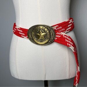 Texas State Logo Belt Buckle w/Red White Woven Nylon Belt Western Cowgirl Rodeo